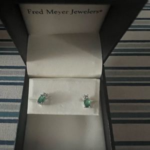 Emerald, diamond chip, sterling silver stud earrings
